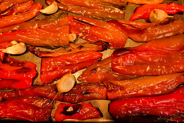 Freshly picked peppers oven roasted with garlic to form a base for making sweet pepper soup

