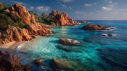 Weathered red rock formations line a vibrant turquoise sea during golden hour. Sunlight casts long shadows under a clear sky with some wispy clouds.