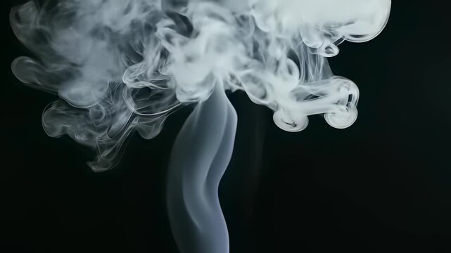 Rising smoke swirls gently in the air on a black background, capturing the subtle concept of transition or uncertainty, perfect for commercial use cases highlighting innovative ideas.
