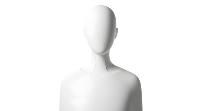 White mannequin bust with smooth contours and subtle neck detail isolated on a transparent background - Powered by Adobe