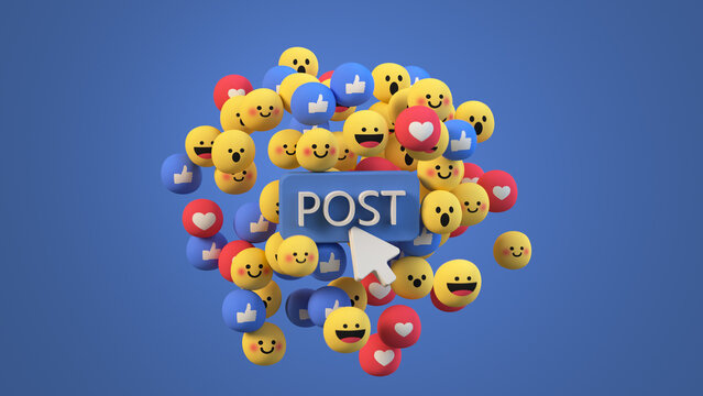 Social Media Engagement Explosion with Post Button and Emojis 3D render
