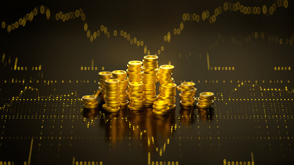 Stacks of Gold Coins with Financial Data 3D render