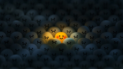 Happy smile face in the sad crowd 3D render