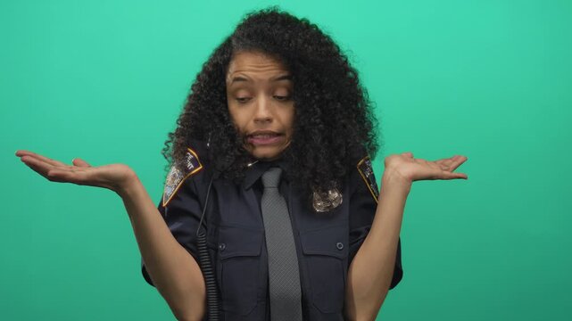 Hispanic policewoman in uniform stands puzzled over a green wall background, showcasing diverse law enforcement in a studio setting.