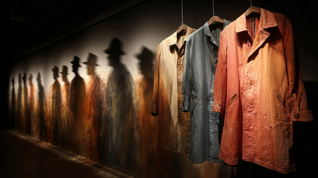 Illuminated coats create silhouettes of ghostly characters, blending fashion with memory and theatrical shadow art