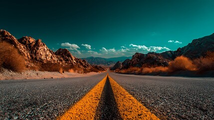 Open desert road stretching into mountains under vast blue sky