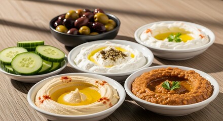 Food: Traditional Middle Eastern Dips and Appetizers Served with Fresh Vegetables and Olives