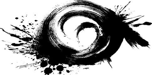 Black ink splatter with sumi-e spiral brushstroke for japanese inspired design