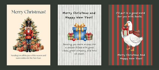Printable Watercolor Christmas Cards Collection. Greetings Postcards. Beautiful Watercolor illustrations. A6 Size Format. Happy Holidays. Goose - Christmas Gifts - Nutcracker Solider.