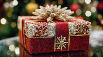 A premium, richly textured photograph of a beautifully wrapped holiday present featuring deep red velvet, intricate gold detail, and shimmering accents, perfect for Christmas marketing and designs