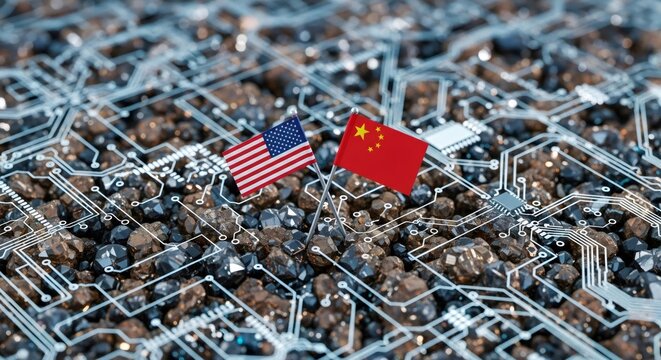 American and Chinese flags on circuit board and ore rocks, depicting economic war between two countries. Geopolitics concept. - Powered by Adobe