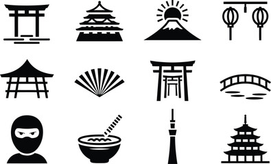 Collection of japanese cultural icons in black silhouette torii gate pagoda mount fuji lanterns ninja and traditional architecture for design projects