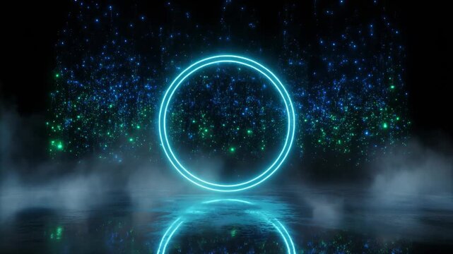 Glowing Neon Circle With Blue Green Particles And Smoke On Reflective Surface abstract background