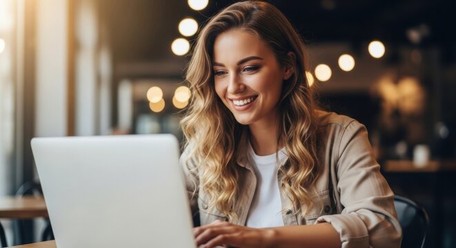 A happy young woman with blonde hair smiles while working on her laptop computer in a modern cafe with warm, atmospheric lighting and a pleasant, focused expression - Powered by Adobe