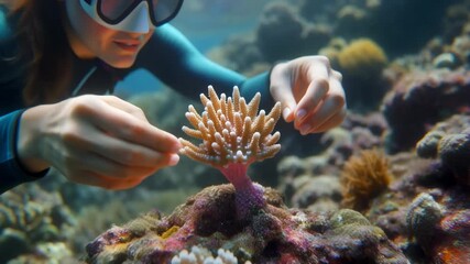 Snorkeler Examining Coral Reef Underwater with Hands snorkeling ocean