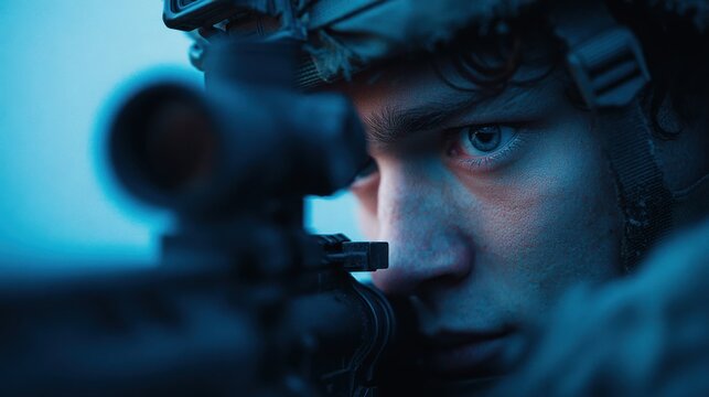 Intense stare of a soldier with focused eyes, clad in a helmet, aiming with a rifle, bathed in deep blue hue of the battlefield.
