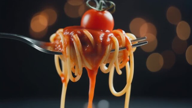 Spaghetti with tomato sauce and a cherry tomato on a fork with bokeh lights in the background Keywords: spaghetti, pasta, tomato