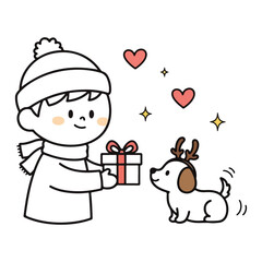 Naklejka premium Cute Boy Giving Gift to Reindeer-Antler Puppy Cartoon Illustration 