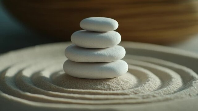 Stacked white stones on a circular bed of sand