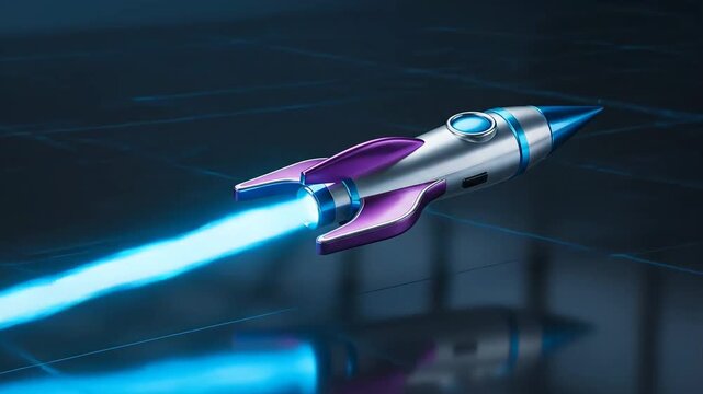 Stylized rocket ship launching with vibrant blue flames on reflective surface background