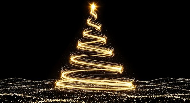 Abstract christmas tree made of golden light trails on a black background