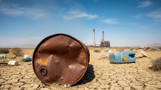 Deserted industrial site with rusted barrels and cracked dry ground, showcasing environmental decay