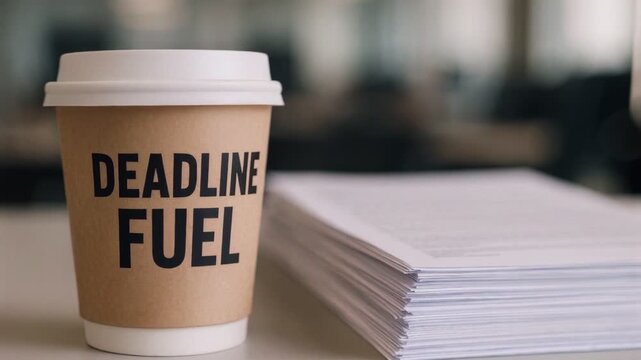 Paper coffee cup labeled DEADLINE FUEL on office desk next to stack of documents, symbolizing productivity and work urgency