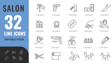 サロンラインの編集可能なアイコンセット。関連アイコン：理容師、髪、美容、化粧品、スパ。ベクターイラスト