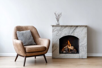 Fototapeta premium Comfortable upholstered armchair positioned beside a modern marble fireplace with burning logs