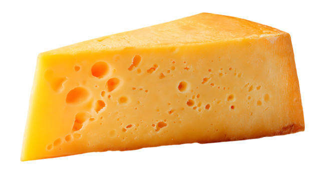 Slice of emmental cheese with holes, closeup, food photography on transparent background