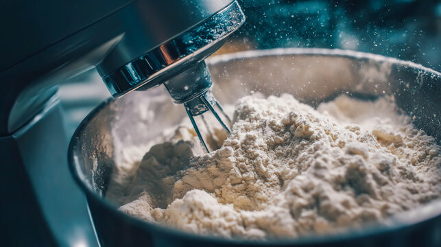 Flour blends softly in a mixing bowl as a stand mixer stirs ingredients for baking cookies in a bright kitchen Generative AI