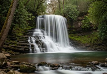Lush forest waterfall cascading into a serene pool outdoors