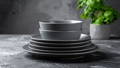 Matte dark gray ceramic dishware set arranged on textured surface with moody background.