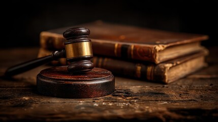 A wooden gavel rests on a stand beside aged books on a rustic table, evoking themes of law, order, knowledge, and historical legal practice.