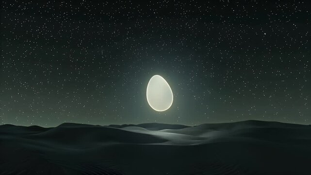 A solitary egg-shaped moon rises above a quiet windswept dune landscape beneath a starry night sky
