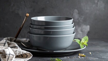 Matte dark gray ceramic dishware set arranged on textured surface with moody background.