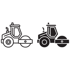 Construction Road Roller Vehicle Outline and Solid Glyph Icons