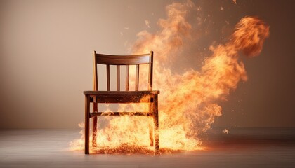 wooden chair ablaze in dramatic fiery explosion on beige background
