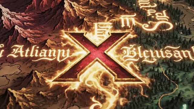 Fantasy map with fiery X marks the spot