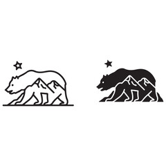Stylized Bear with Mountains and Star Graphic in Outline and Solid Designs