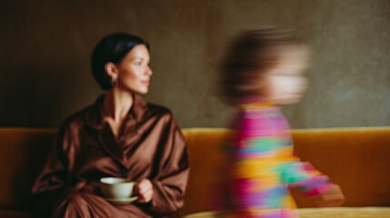 Blurred Woman in sleek brown pyjamas sits on a couch, holding a coffee cup, while a child in colorful attire moves quickly in the background, capturing a cozy domestic moment