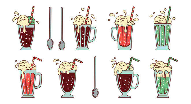 Collection of vintage ice cream soda floats in tall glasses with straws and spoons. Retro hand-drawn illustrations of sweet, bubbly desserts for a diner or cafe menu.