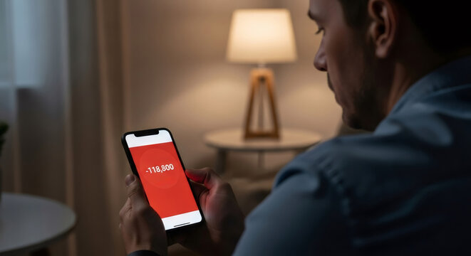 Man looking at smartphone with negative financial balance displayed on screen. Economic crisis concept showing financial loss, bankruptcy.