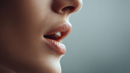 Closeup of a womans face in profile, focusing on the nose and lips. Expressive, gentle, could represent beauty, skincare, or communication. Perfect for cosmetic or healthrelated concepts.