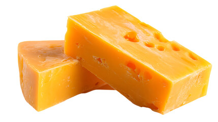 Two block cheddar cheese pieces stacked isolated on transparent background close up studio shot