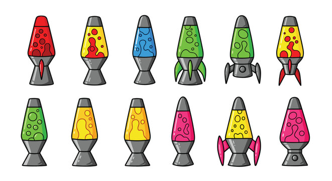 Colorful collection of retro lava lamps in classic and rocket ship designs. Vintage 70s pixel art style illustrations of glowing decorative lights for a groovy vibe.