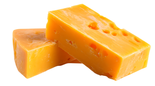 Two block cheddar cheese pieces stacked isolated on transparent background close up studio shot