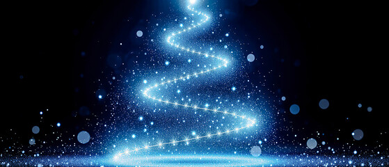Abstract Christmas tree made of swirling blue light, glowing with sparkling particles for a magical and festive holiday atmosphere.