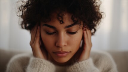 Fototapeta premium Close up of a woman with curly hair gently massaging her neck and temples, creating a cozy atmosphere, conveying relaxation and self-care in a serene environment