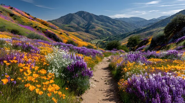 Sun-drenched rolling hillside covered in colorful wildflowers like purple lupine and golden poppies. A narrow dirt path winds through the fields.